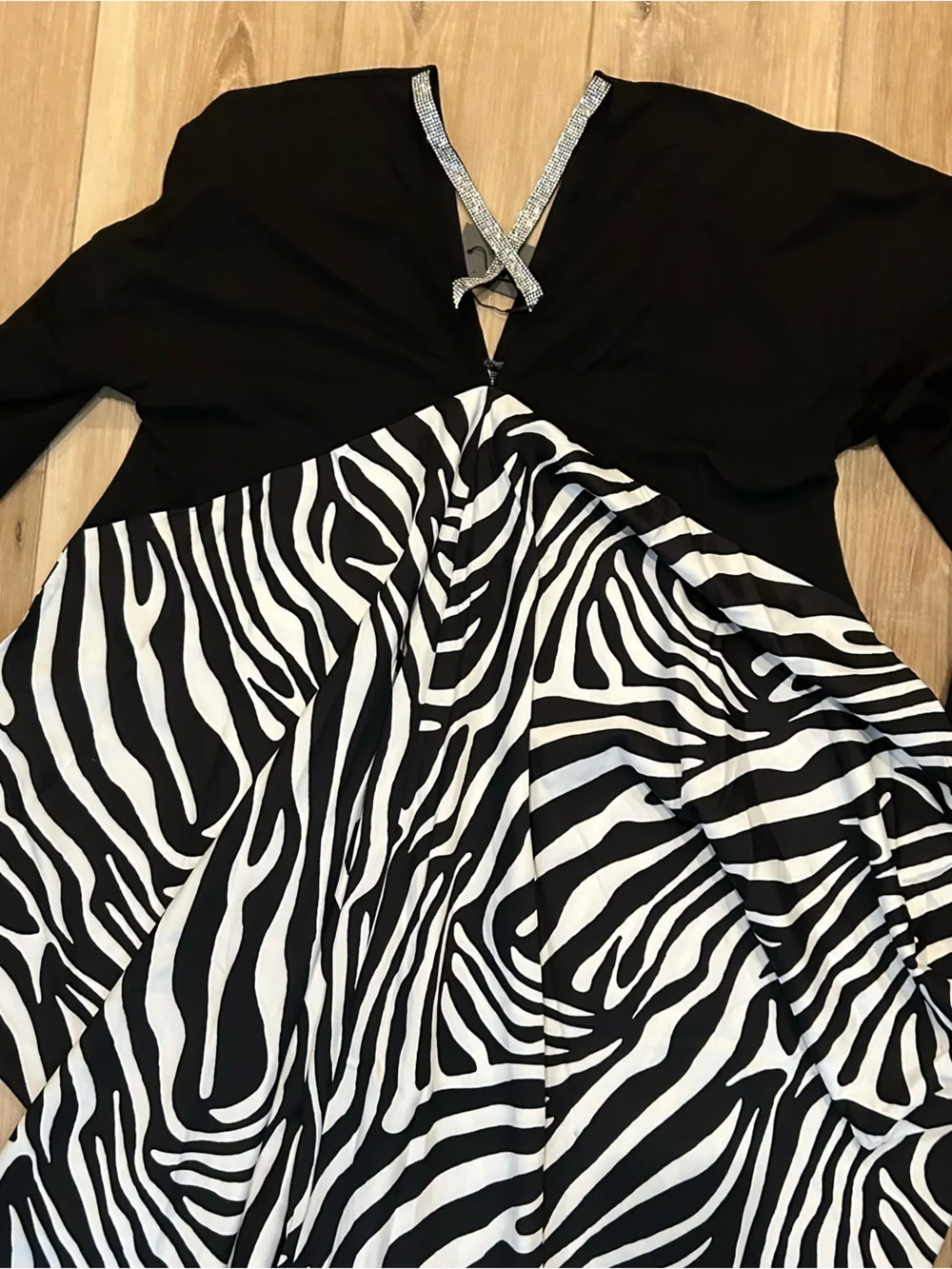 S-DEER Zebra Print Asymmetrical Maxi Dress Open Back Rhinestone